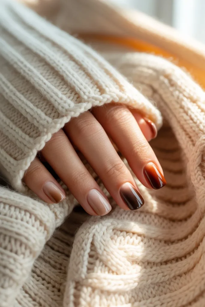 “Brown fall nails in caramel, mocha, and espresso shades styled with autumn sweaters.”