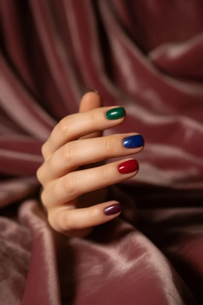 “Fall nails with jewel tones including emerald green, sapphire blue, ruby red, and amethyst purple.”