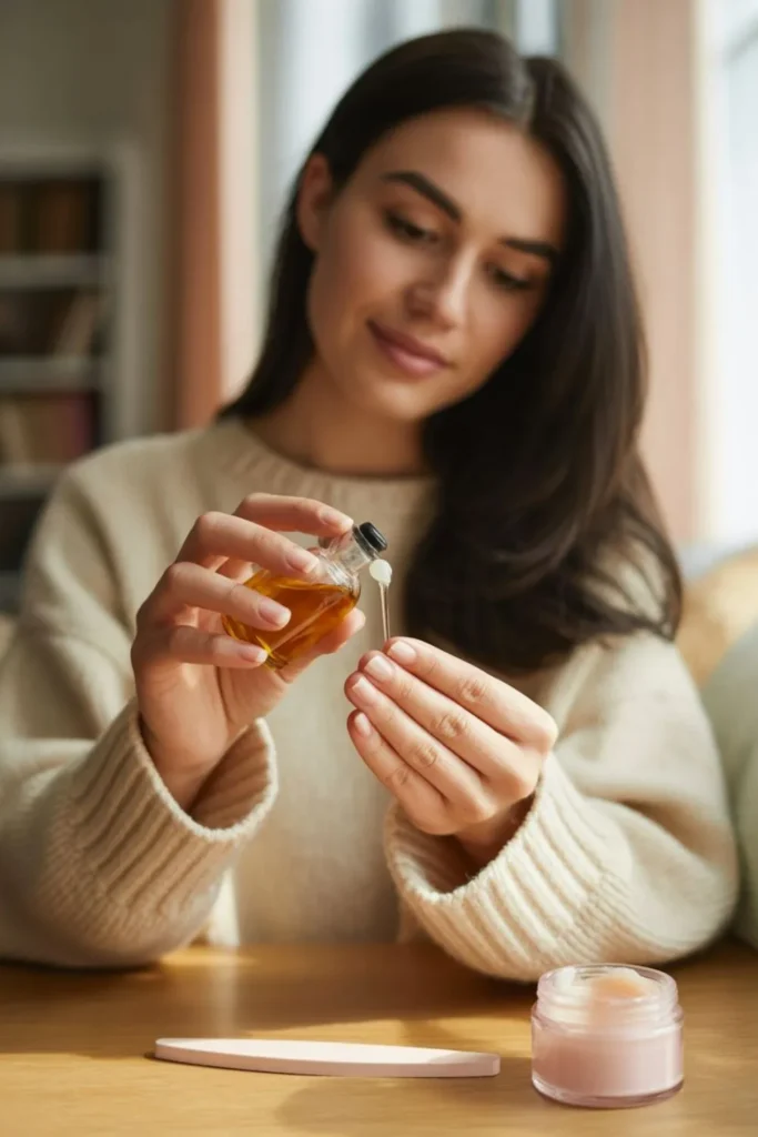 Woman applying cuticle oil to short almond nails with nail care tools nails 2025 trends short almond maintenance.