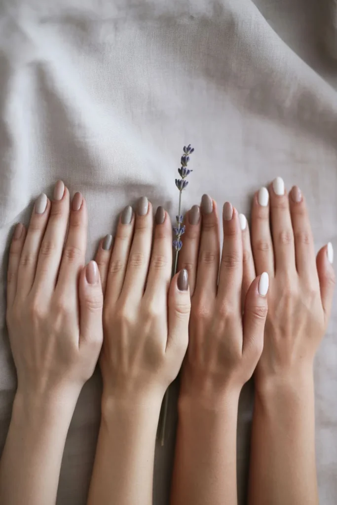 Neutral short almond nails in beige, taupe, mocha, and white defining nails 2025 trends short almond.